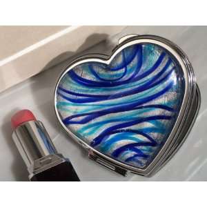   art deco heart compact mirror silver and blue colored glass (Set of 6