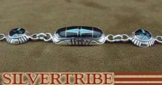 Jet & Created Opal Inlay Sterling Silver Link Bracelet  