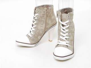Women High Heels Canvas Sneakers Tennis shoes Boots Beige US 5.5 8 