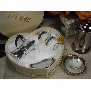   set w/Espresso pot blue gold design by DLusso Designs