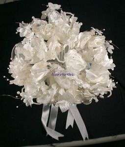 IVORY 18 SATIN ROSE BRIDAL WEDDING BOUQUET FAUX PEARL  