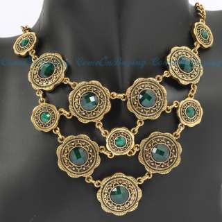 Vintage Golden Round Circle Flower Green Acrylic Beads Pendant Chain 