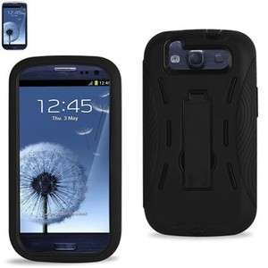Black Samsung Galaxy S III S3 3 Hybrid Case w/ Kick Stand Hard Soft 