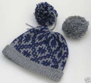 100% Wool Intarsia Hand Knit Ski Hat   2 Color Pattern  