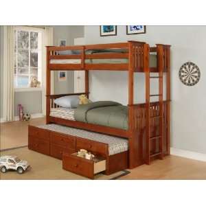  Twin Size Bunk Bed with Trundle in Burnished Pine