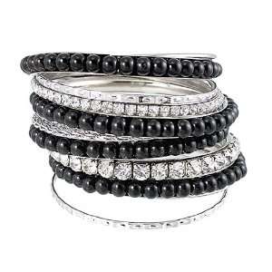 Set of 10, Bangle Bracelets with Silver Tone, White Crystals & Black 