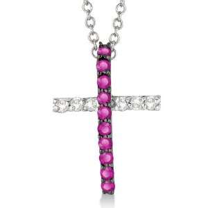  Pink Sapphire and Diamond Cross Pendant Necklace 14k White 