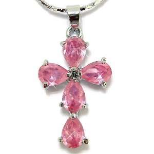  Gorgeous Cross Cut Sterling Silver Simulated Pink Sapphire Pendant 