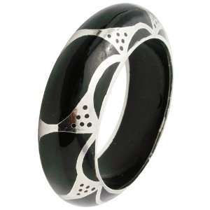  Black Wood with Silver Curve and Dots Pattern Bangle 