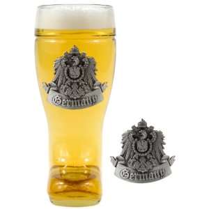  0.5 Liter Glass Beer Boot with German Crest Pewter Badge 
