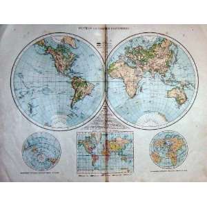    Antique Map Western Eastern Hemispheres World Atlas