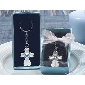  White Cross Keychain with Blue Crystals 