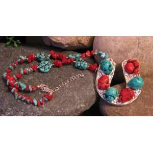Natural Turquoise & Coral Nuggets & Chips Necklace W/lucky Horseshoe 