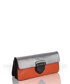 Prada orange colorblock pigskin leather pushlock clutch   up 