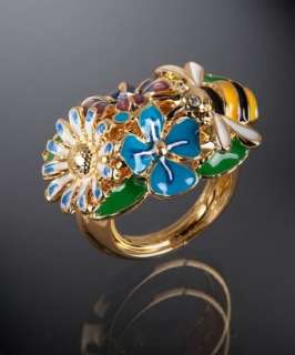 Kenneth Jay Lane gold enameled bee and flower ring   