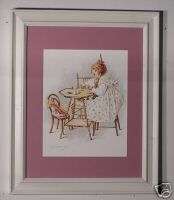 Victorian shaby chic girl having teaparty framed print  