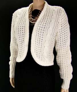 VTG 70s Short Cropped Chunky Cable Cardigan White Sweater S/M  