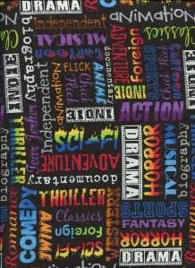 MOVIES FILM WORDS MOVIE GENRES ON BLACK Cotton Fabric BTY for Quilting 