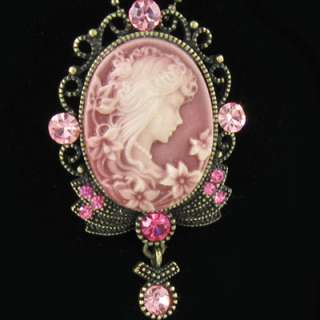 ANTIQUE STYLE PINK CAMEO CRYSTALS PENDANT NECKLACE N254  