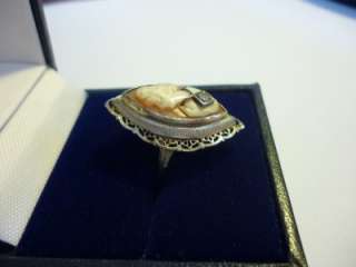 Rare Lavish Art Deco Carved Shell Cameo & Diamond Ring Size H 