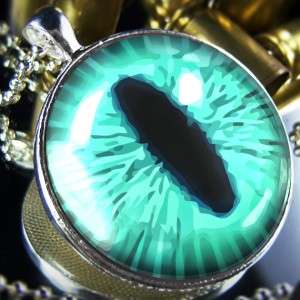 Large Teal Green Cat Eye Fantasy Taxidermy Sterling Silver Necklace 