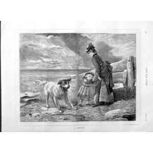   1875 LITTLE GIRL LADY DOG SEA BEACH ANTIQUE FINE ART