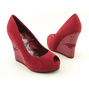 Ed Hardy Veva Heel Platforms Wedges Peep Toe Shoes Burgundy Womens 