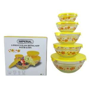   Nested Dipping or Storage Bowls with Yellow Lids and Orange Design
