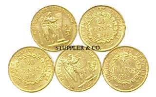 FIVE UNCIRCULATED FRENCH 20 FRANC GOLD ANGELS 1876 1898  