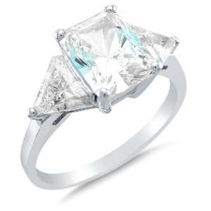 Solid 14k White Gold 3 Three Stone Emerald Cut Solitaire with trillion 