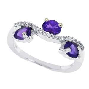 99Ct Three Stone Oval Amethyst Ring with Diamonds in 14Kt White Gold 