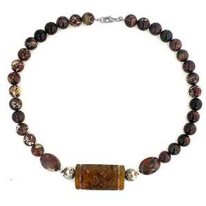   Carved Jasper Beads with Silver Finding 16.5 inches Necklace Jewelry