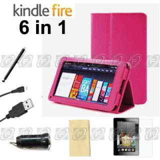 Kindle Fire PU Leather Case Cover/Car Charger/USB Cable/Protector 
