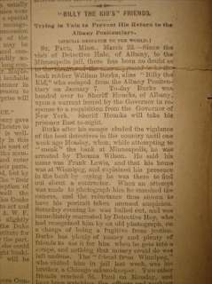   BANK ROBBER BILLY THE KID WILLIAM BURKE MARCH 23 1882 CRIME NEWSPAPER