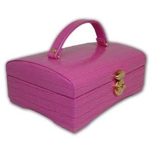  Pink Crocodile Grained Leather Double Layered Jewelry Box 