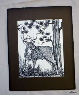 Matted Original Pen and Ink Drawing Deer C J Hamlin  