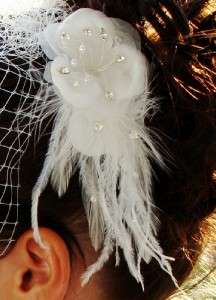   Wedding bridal Feather crystal fascinator w/birdcage french veil IVORY