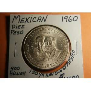  1960 Mexico Diez Pesos Silver Round .900 Silver 