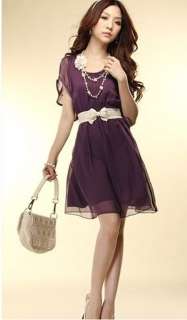2012 New Pure Color Korean Womens Chiffon Lace Short Sleeve Dress 4 