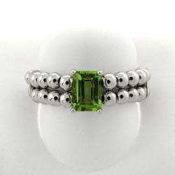   Silver Emerald cut Peridot Beaded Stretch Ring  