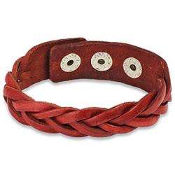 Red Braided Leather Snap Bracelet  