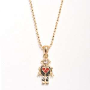 Crystals Embedded Gold Plated Cute Little Robot with Red Heart Charm 