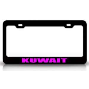 KUWAIT Country Steel Auto License Plate Frame Tag Holder, Black/Pink