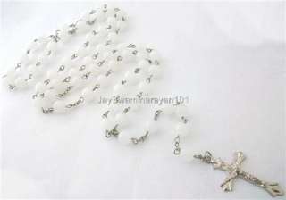 White Rosary 8mm Glass Beaded Necklace Cross 32 Long  