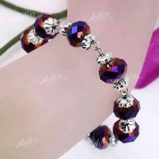 Purple Faceted Crystal Flower Bead Bracelet Adjustable  