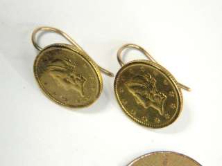   GOLD US LIBERTY $1 ONE DOLLAR COIN EARRINGS c1850s   