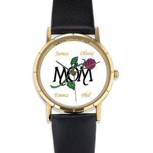 PERSONALIZED MOM NAMES ROSE LEATHER BAND WRIST WATCH  
