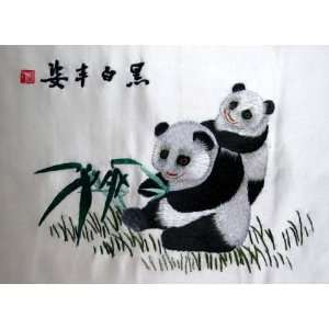 Chinese Silk Embroidery Wall Hanging Panda Bamboo