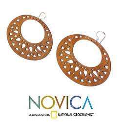 Sterling Silver Brown Eclipse Leather Earrings (Indonesia 