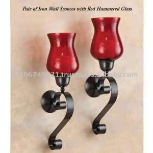 Red Hammered Glass and Metal Wall Votive Sconce Candle Holder Set of 2 